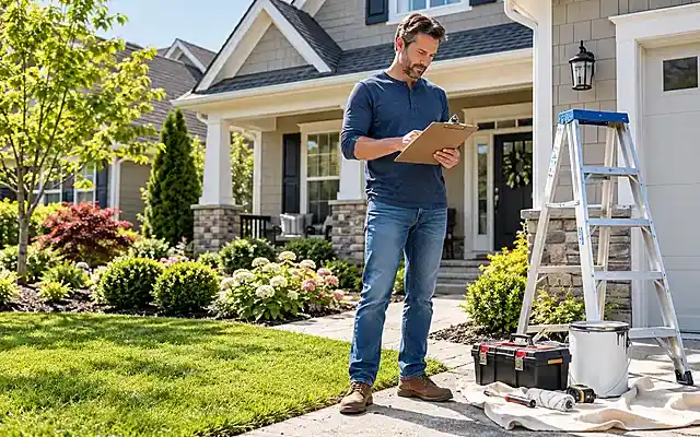 Home improvement and maintenance planning as a homeowner reviews a checklist outside a suburban house near a ladder and tools.