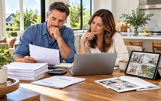 Homeowners comparing home equity loan vs HELOC options and borrowing documents at a kitchen table.