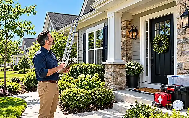 Homeowner reviewing a safety checklist outside a suburban house in bright daylight, illustrating how to protect your home from property risks and hazards.