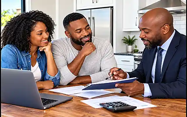Black American couple discussing a mortgage recast with a financial professional at a kitchen table