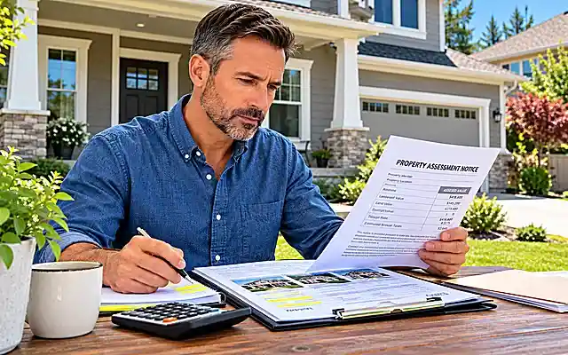 Homeowner reviewing a property assessment notice and comparable home values outside his house while preparing evidence for a property tax appeal.