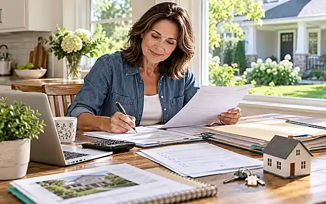 Homeowner reviewing property tax exemptions paperwork and application documents at a sunlit kitchen table while checking eligibility for homeowner tax benefits.