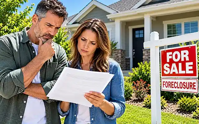 Homeowners reviewing paperwork as they prepare to sell house before foreclosure