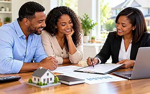 Black American homebuyers reviewing seller concessions and closing-cost documents with a real estate professional in a bright, sunlit home.